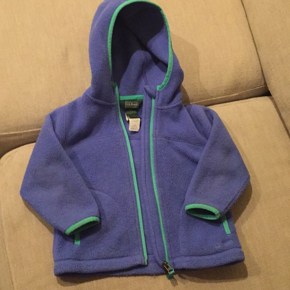 LL Bean blue fleece jacket with green accents